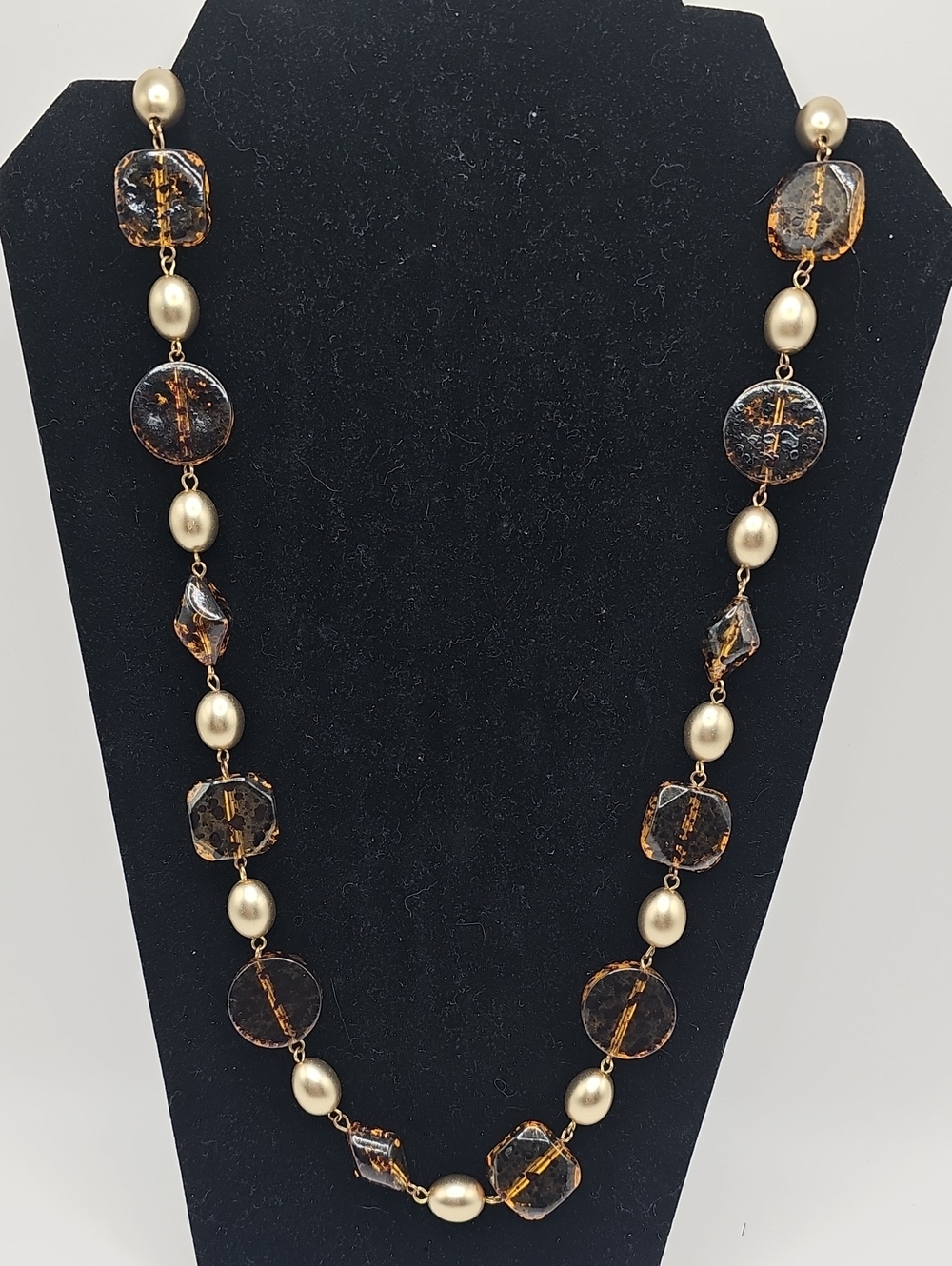 Elegant Amber Lucite and Gold Bead Long Fun Necklace. Great For Fall
